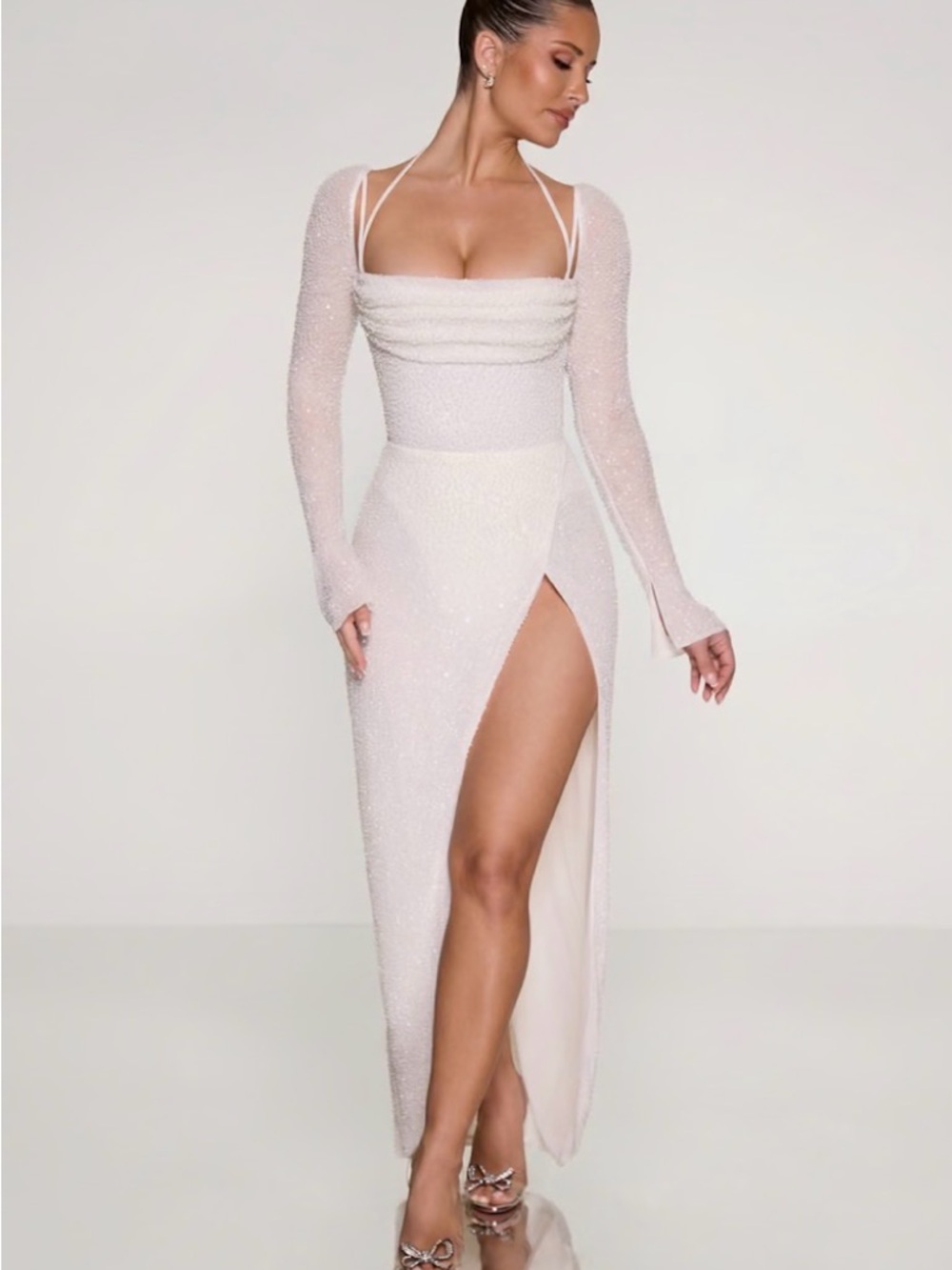 Oh Polly Pearl-Embellished Ivory Long-Sleeve High-Slit Gown